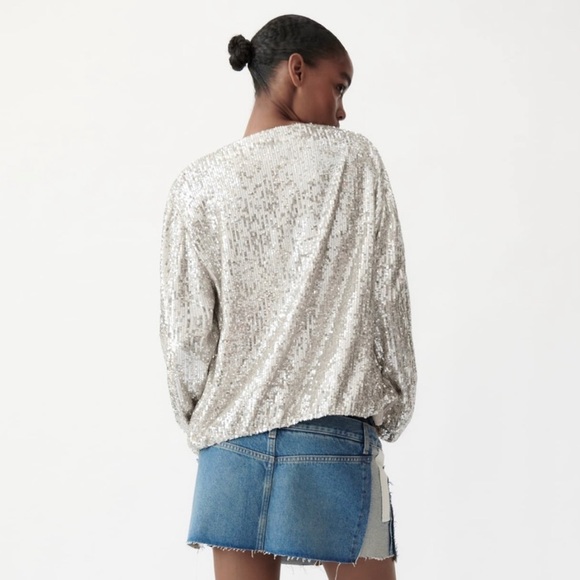 Zara Sequined Bomber Jacket In Beige Size Small - Picture 6 of 15